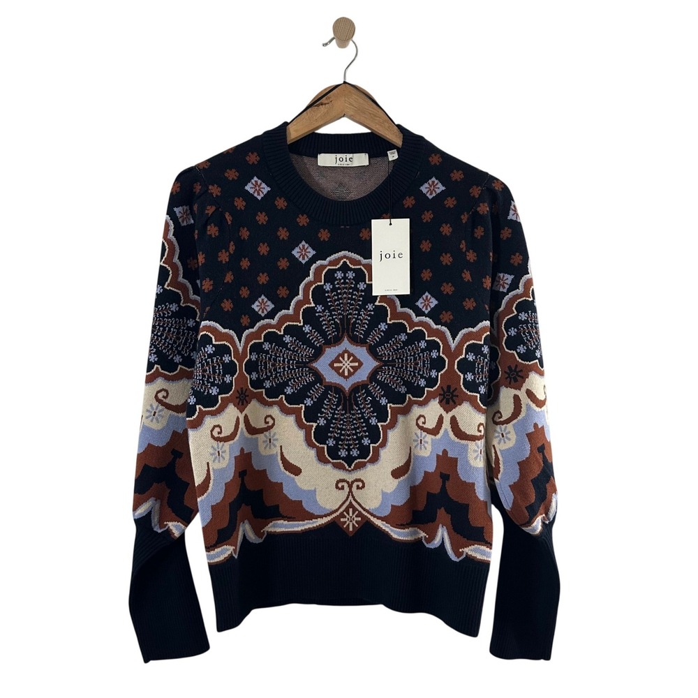 Joie Navy Medallion Jacquard Puff Sleeve Crew Neck Sweater Boho Size M NEW